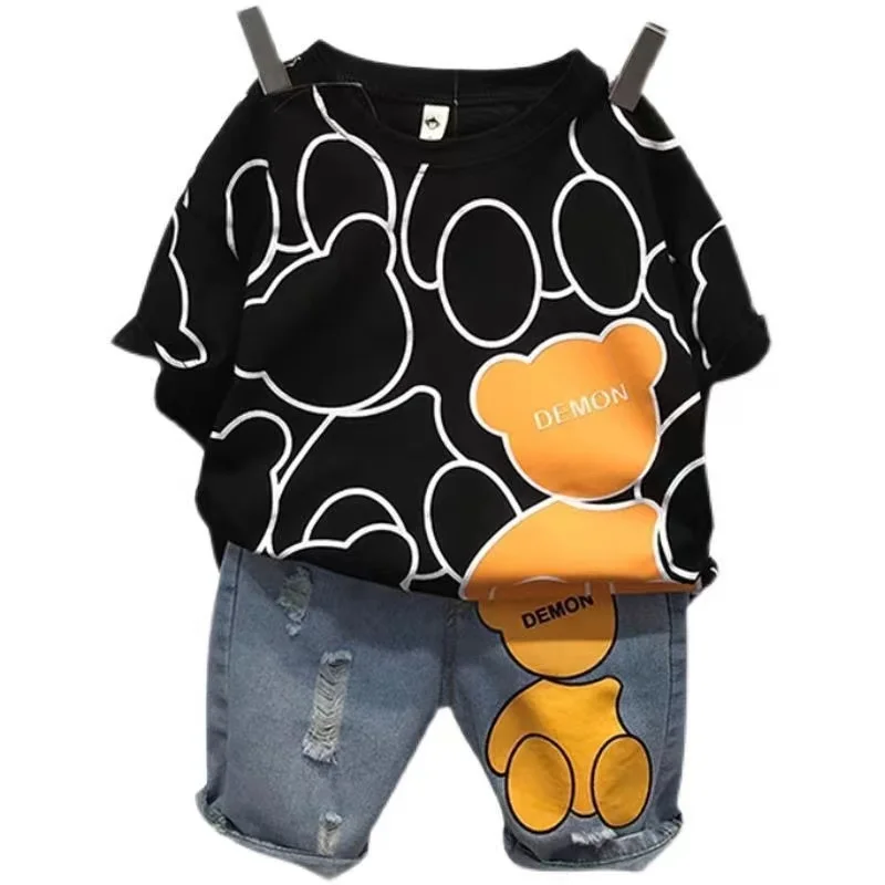 

2021 Children's Summer New Boys Casual Fashion Cartoon Print Short Sleeve T-shirt Jeans Kids Two-piece Set BT157