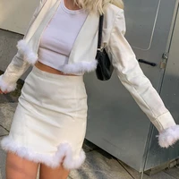 vintage y2k fake fur patchwork 2 piece sets 2000s fashion white crop jackets and slit mini skirts matching suit women outfits