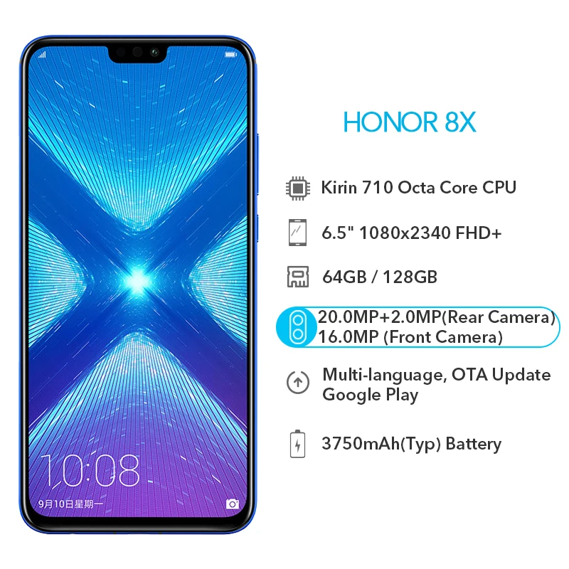 Смартфон Google Play Honor 8X8 X с глобальной ПЗУ 4 грамма 64 ГБ/128 ГБ Восьмиядерный процессор