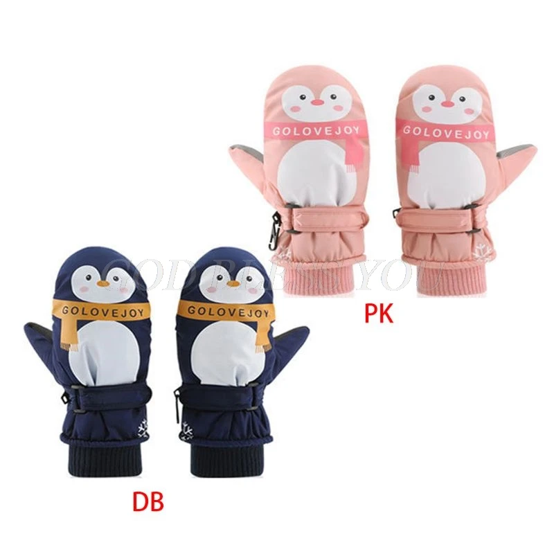 

Kids Boy Girl Cartoon Penguin Waterproof Gloves Double Layer Ribbed Cuff Adjustable Anti-Slip Winter Ski Windproof Mittens 7-12T