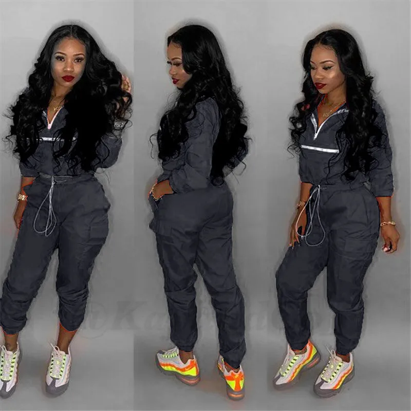 Conjunto deportivo de 2 uds. Para mujer, Tops informales con cremallera, manga larga, cuello vuelto, con cordones y bolsillos, chándal de pantalones largos