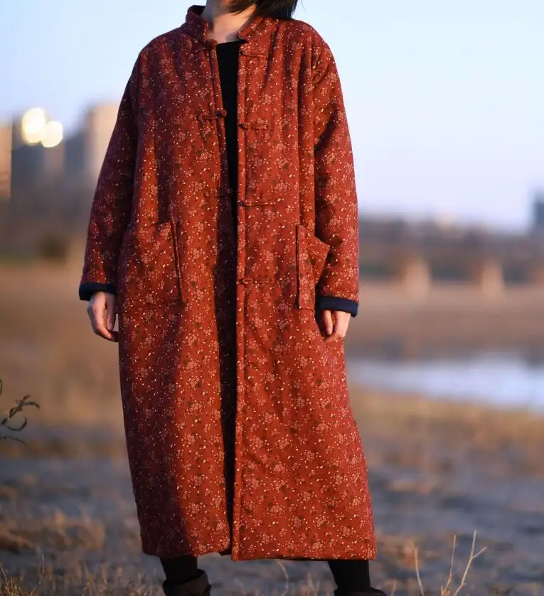 Красный Теплые плотные парки с цветочным рисунком, женская зимняя новинка, хлопок, винтажная теплая одежда с длинными рукавами и хлопковой подкладкой для женщин YoYiKamomo - Цвет: Красный