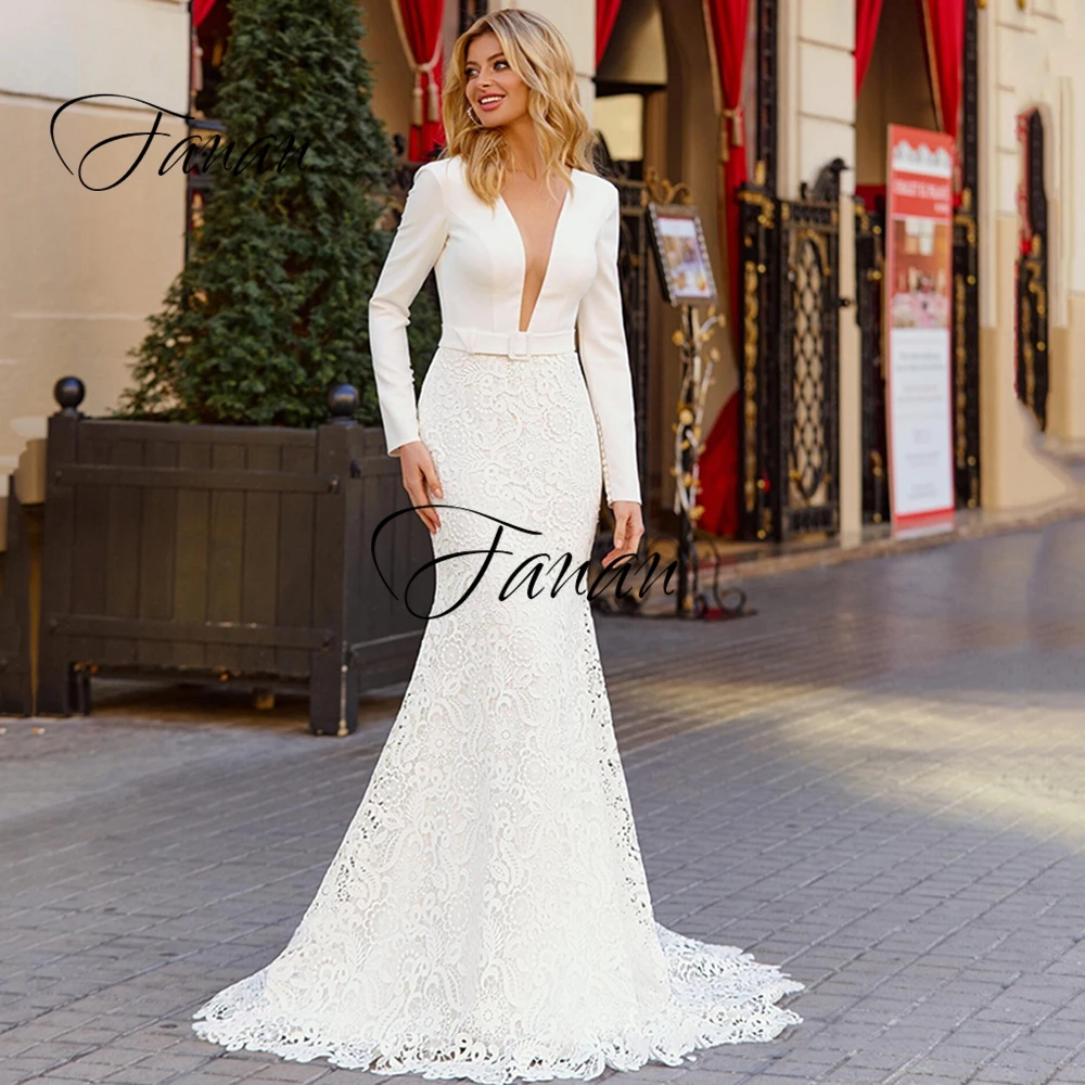 

New Deep V-Neck Long Sleeve Wedding Dress Mermaid Backless Lace Appliques Bridal Gown robe de soirée de mariage Свадебное платье