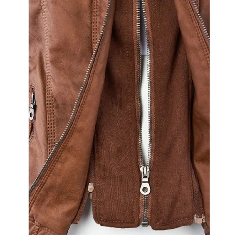 

Pop Women Autumn Winter Slim Fit Leather Jacket Solid Color Zipper Hooded Coat Pop 88