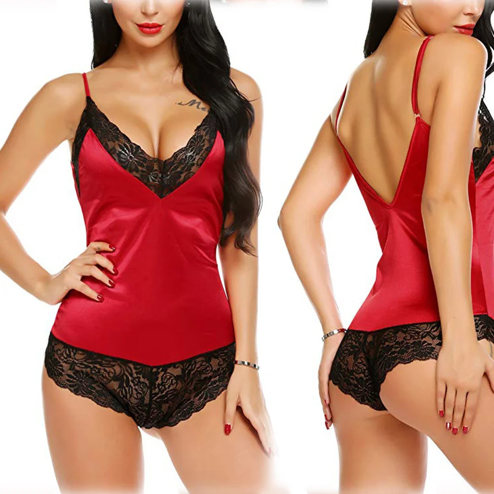 

Sexy Satin Lace Sleepwear Nightdress Lingerie Ladies Spaghetti Strap Satin Babydolls Suspender Robe V-neck Night Gown