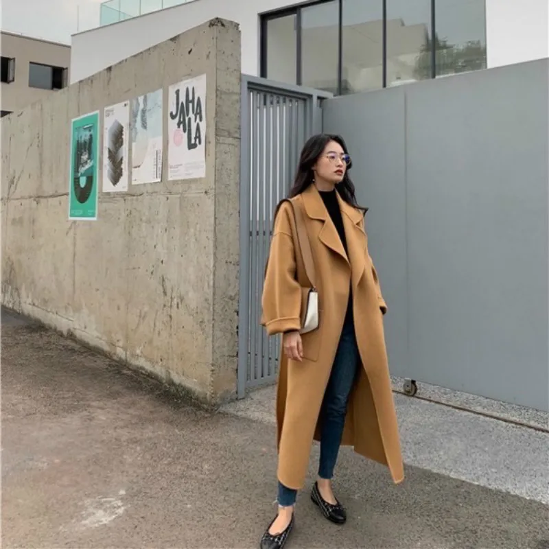 

Handmade Women Vintage Winter 95% Cashmere Long Coat Jackets Wool Overcoat Sashes Warm Cardigan Outwear Loose Cloak with Pockets