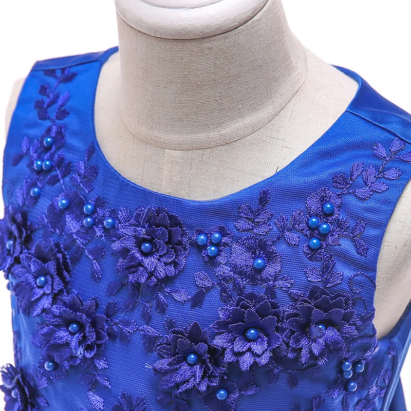 

Flower Girls Dresses Appliques Pearls Embroidery Lace Blue Tulle Sleeveless O-Neck Floor-Length Kids Party Princess Skirt F066