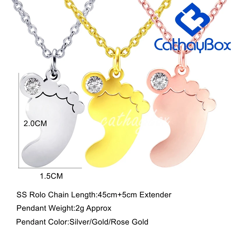 Personalized Birthstone Gold Tone Name Text Engraving Stainless Steel Baby Foot Charm Pendant Necklace |