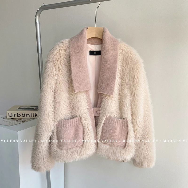 Pink Fur Coat Women V Neck Knitted Stitching Fur Coat Autumn Korean Fashion Soft Warm Outwear Ladies Elegant Fur Coat CX2545