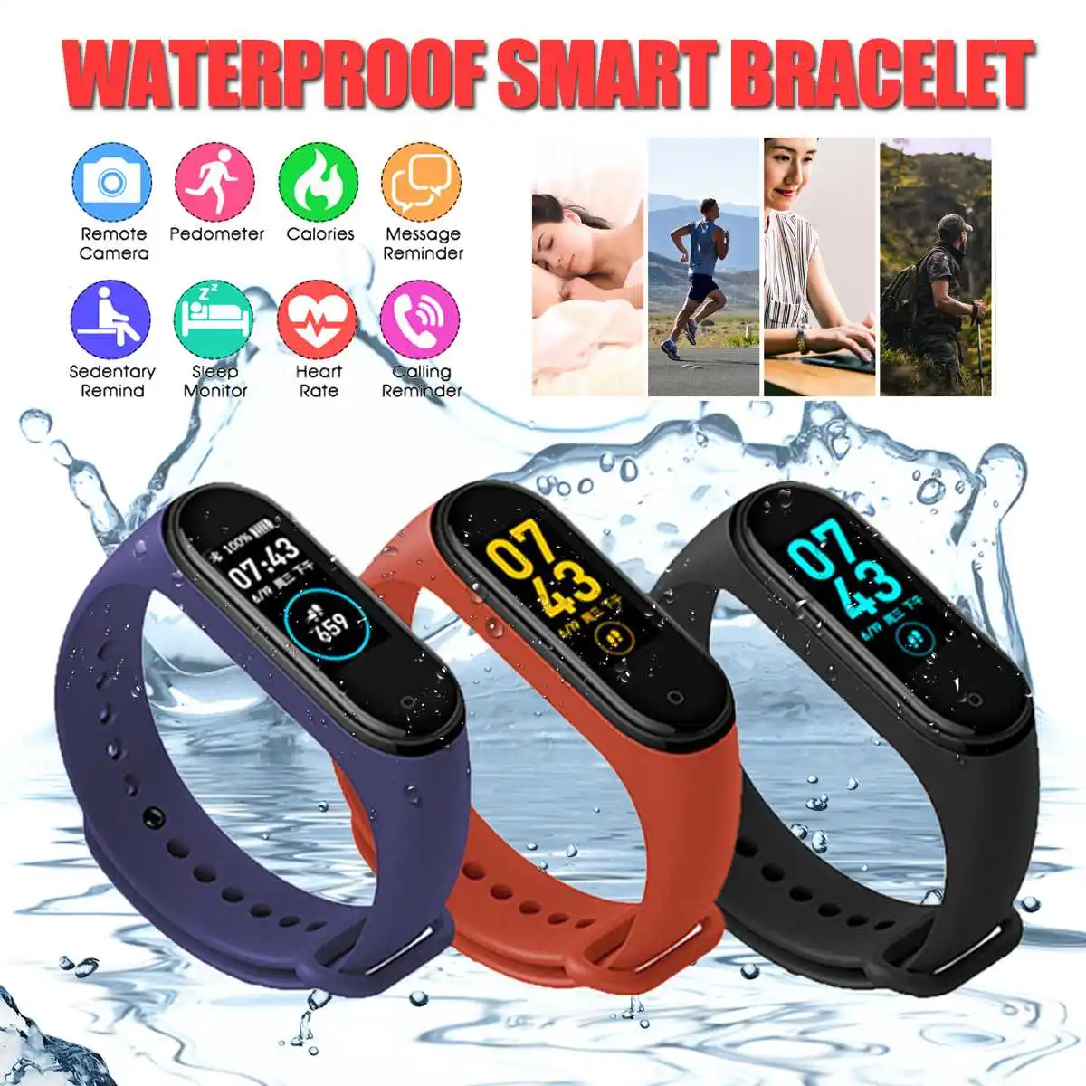 

IP67 M4 Smart Wristband fitness Watch Health Heart rate band Blood Pressure Smart Bracelet for Men Women Smartband