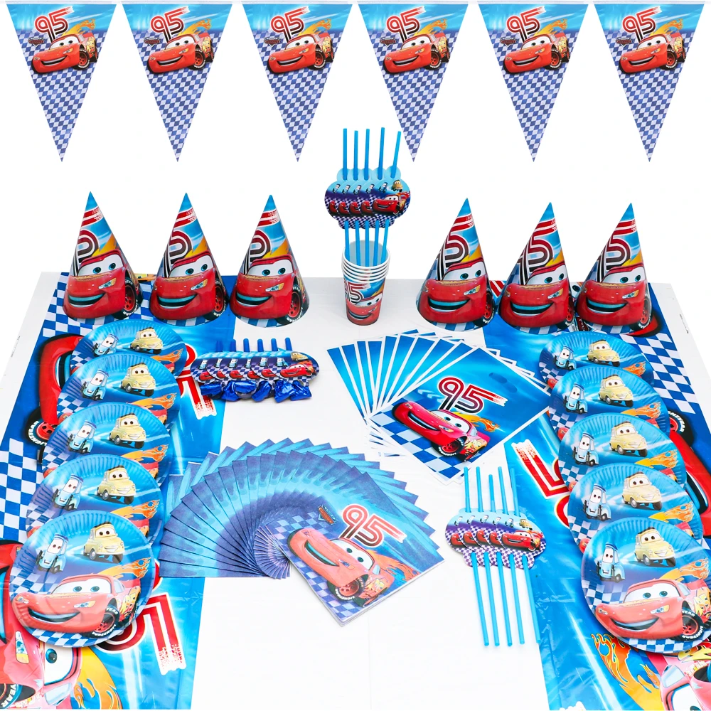 

Disney Lightning McQueen Cars Birthday Hat Plates Cups Napkins Tablecloth Straws Baby Shower Disposable Tableware 83Pcs