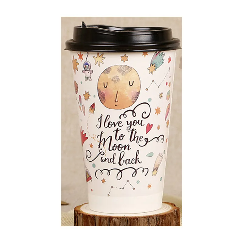 cup and lid 50 шт мультфильм креативная одноразовая кофейная чашка 500 мл вечерние день рождения холодные и горячие напитки толстый молочный бумажный стаканчик для чая с крышкой - Цвет: cup and lid