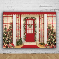 laeacco merry christmas tree winter scenic shiny light decor window red door background banner family party photography backdrop