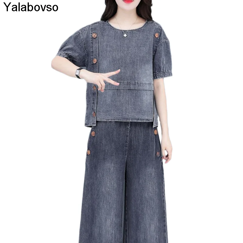 

Wide Leg Pants Suit Women's Denim Fashion Two Piece Sets Wide Leg Pants And Tees Trendy Lady Sumer Outfits Cowboy Tracksuits