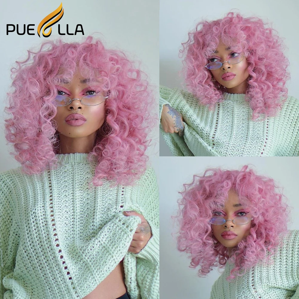 200 Density Light Pink Curly Human Hair Wig With Bangs 13x4 Orange Ginger Lace Front Wig Glueless Brazilian Remy 4x4 Closure Wig
