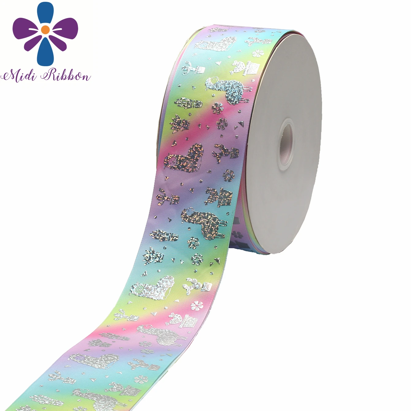 

3"75mm Cartoon Alpaca Cactus Flower Hologram Silver Foil Rainbow Stripes Printed Grosgrain Ribbon DIY Hair Bowknots 50yards/roll