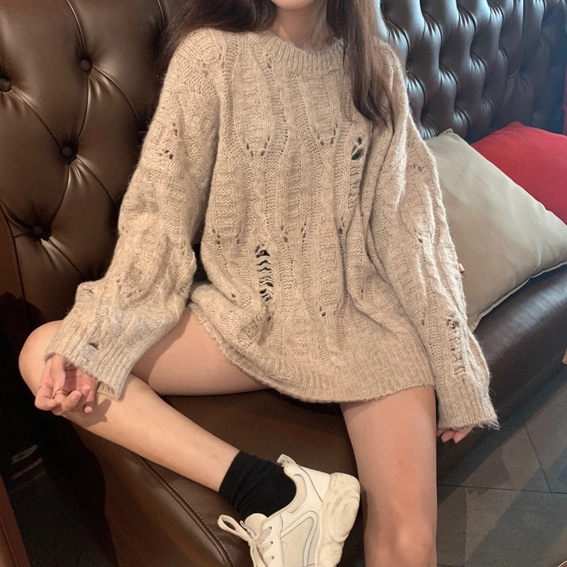 

Korean Ripped Hole Vintage Sweaters Tops Women 2020 Autumn Winter Long Sleeve O-neck Fashion High Quality Pullovers Jumpers