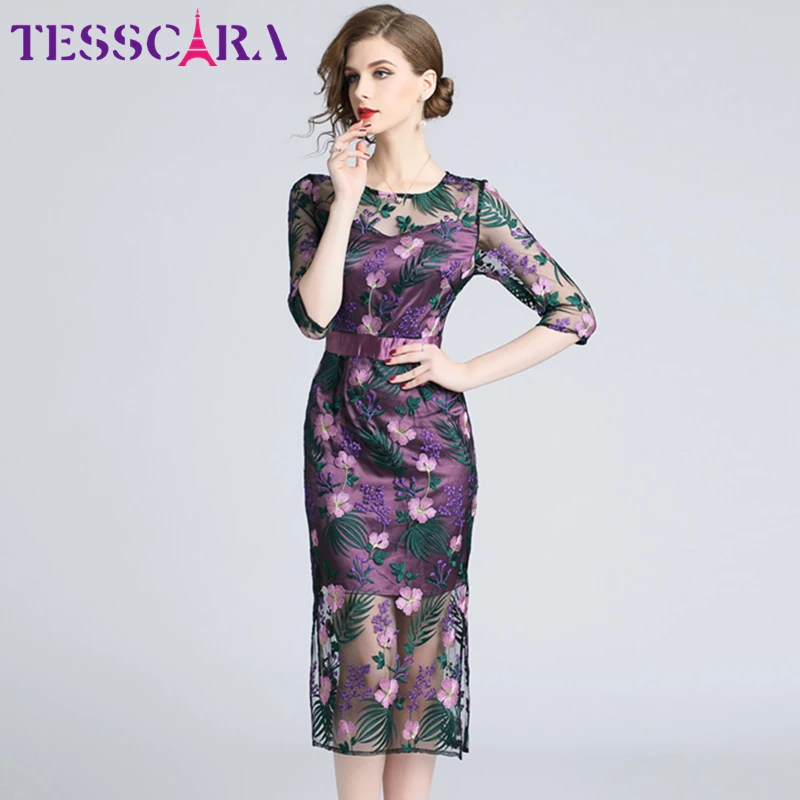 TESSCARA, женское летнее элегантное Сетчатое платье с вышивкой, женская мода, дизайнерские вечерние платья, Ретро стиль, винтажное платье-карандаш