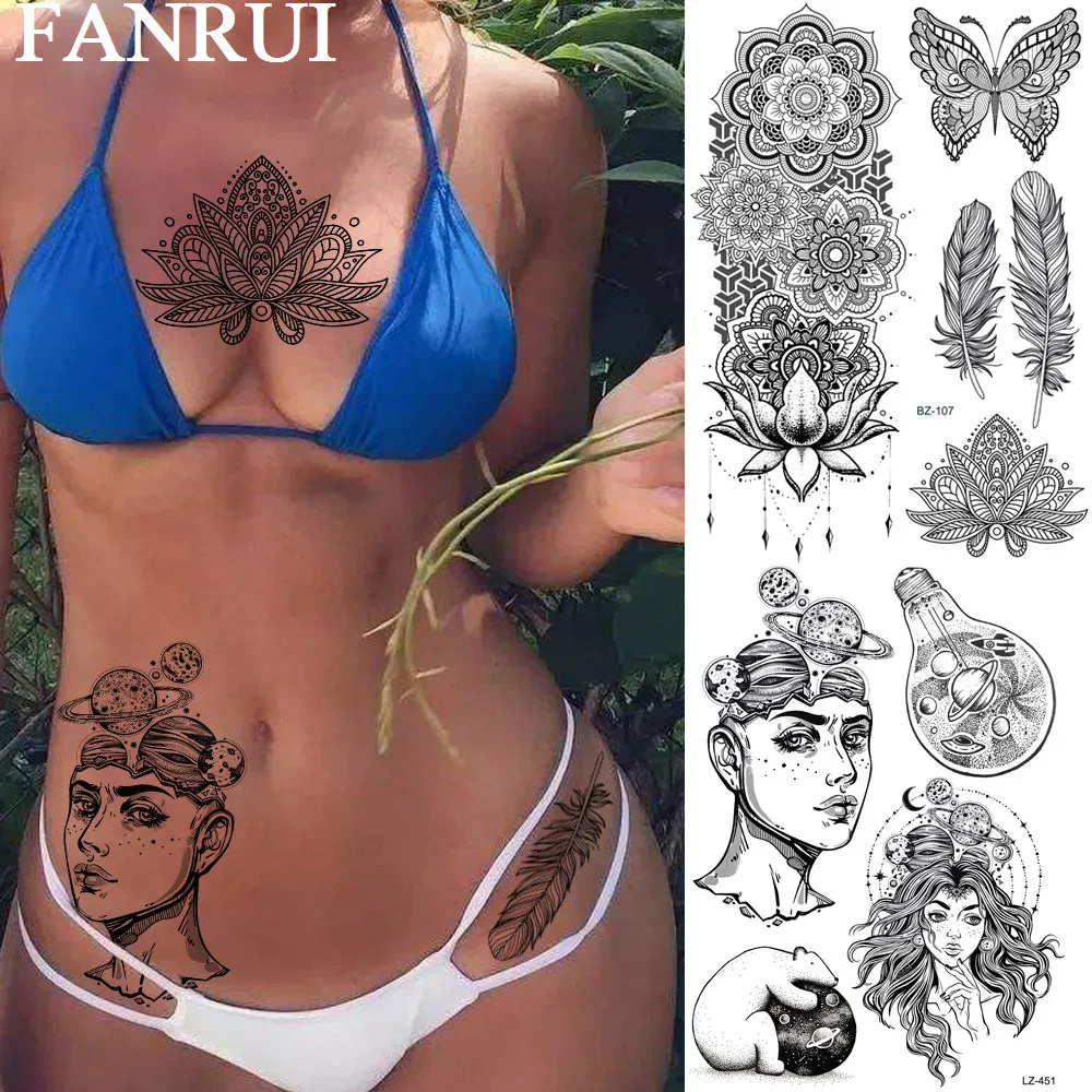 

FANRUI Black Henna Butterfly Feather Temporary Tattoos For Women Sticker Custom Tatoos Lotus Flower Fake Tattoo Body Art Arm