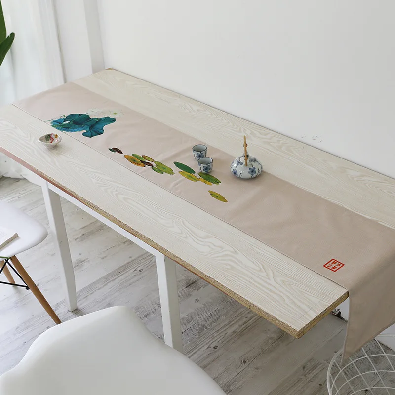 

Long Chinese Style Tea Table Runner Vintage Lotus Tablecloth Tea Mat Cotton Linen Painting Table Cloth Printed Furniture Decor