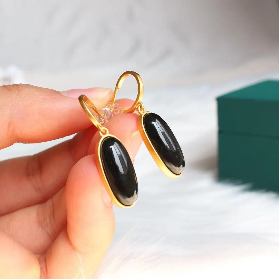 

Natural Hetian Dark Jade Oval Geometric Earrings for Women 925 Sterling Silver Gold Inlaid Ancient Gilding Craft Ear Ear Studs