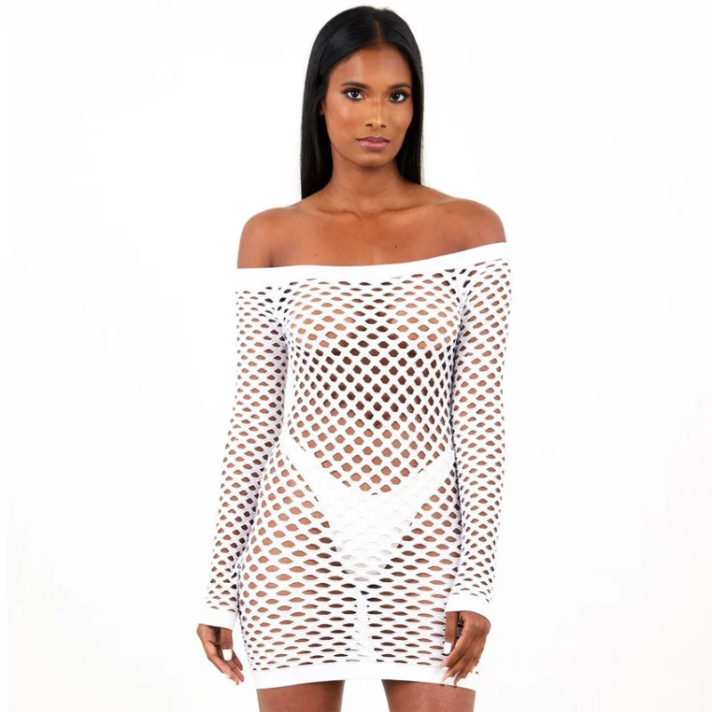 

Large Mesh Off Shoulder Dress 2021 Sexy Long Sleeved See-through Slim Mini Dress Bodycon Party Summer Beach Vacation Clubwear