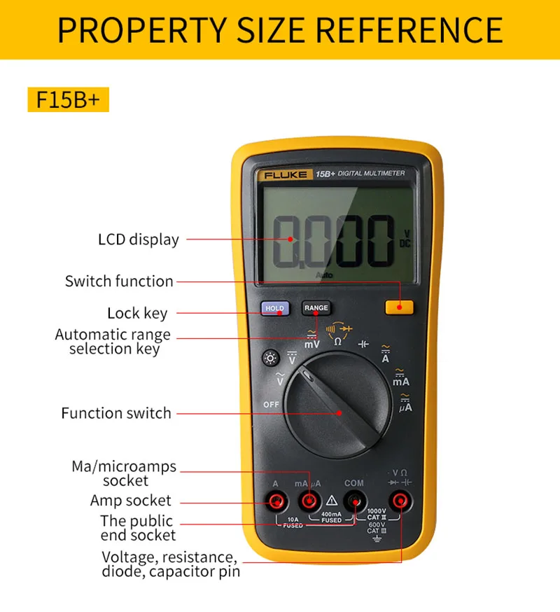Fluke 15B+ цифровой мультиметр с автоматическим диапазоном 4000 отсчетов переменного/постоянного напряжения Измеритель сопротивления тока Емкость тестер частоты Fluke