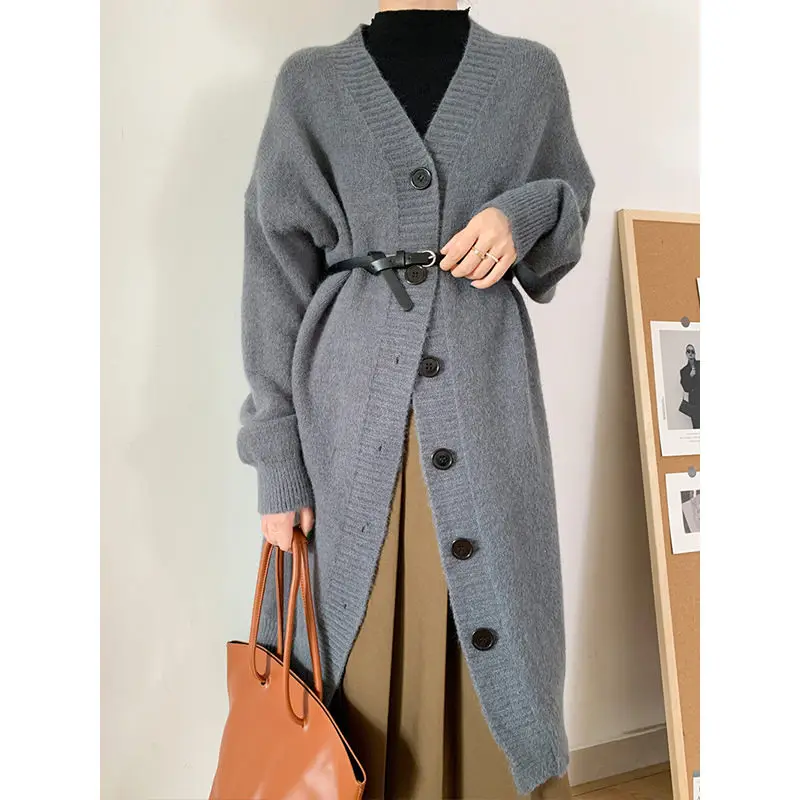 

Korean Knitwear Autumn 2021 Women's Full Sleeve V-Neck Sweater Medium And Long Temperament Thick Cardigan 4-Color Jacket M1025