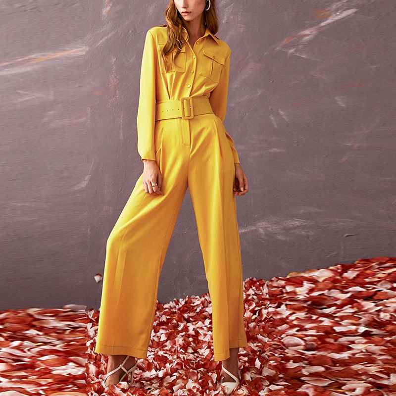 

Sale HIGH Quaulity Newest 2021 Fall Fashion Women's Elegant Turn-Down Collar Blouse Yellow Belt Wide Leg Jumpsuit