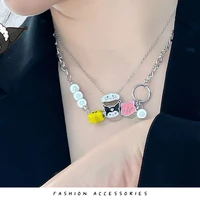 shiny reflective pearl japanese cartoon necklace female trendy cool hot girl punk clavicle chain niche double necklace