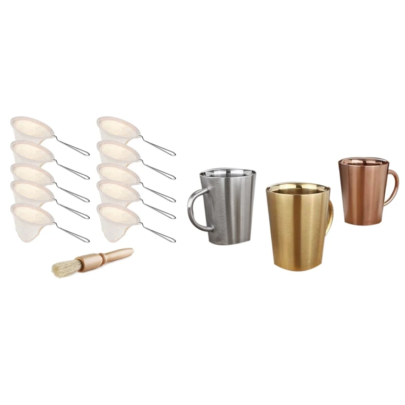 

3 Pcs 340Ml Stainless Steel Heat Insulation Anti-Scalding Coffee Cup & 10 Pcs Reusable Flannel Cloth Coffee Strainers
