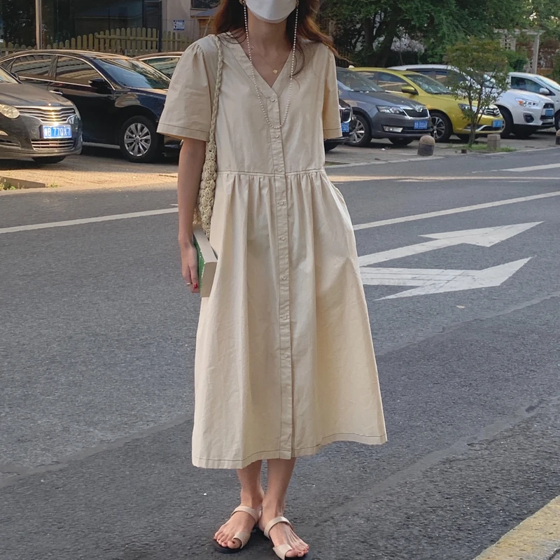 

Korean Summer Women Dress Vintage Hit Color Patchwork V Neck Dresses 2021 New OL Short Sleeve Elegant High-end apricot