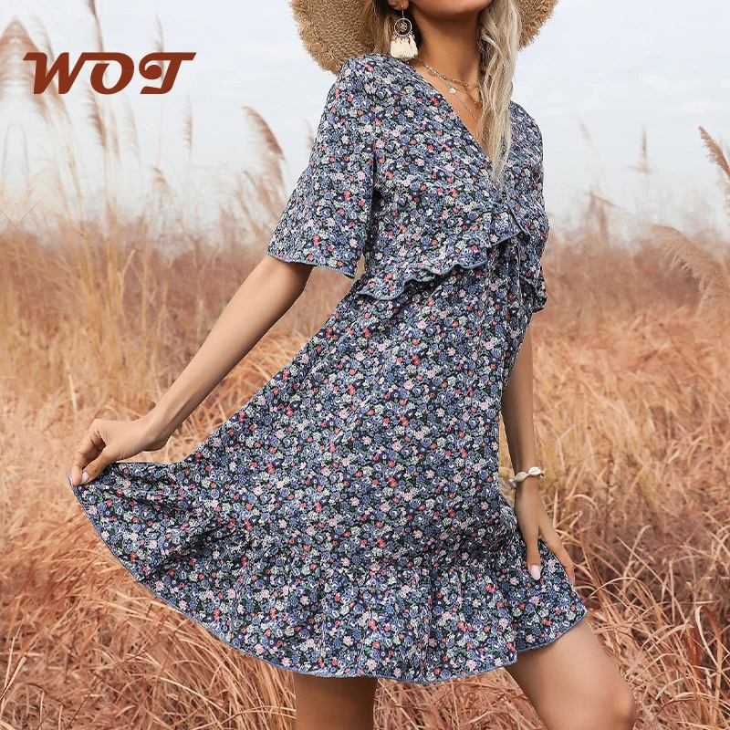 

2021 Summer V-neck Printed Open Back Hollow Short Sleeve Dress Female Ruffle Short Skirt