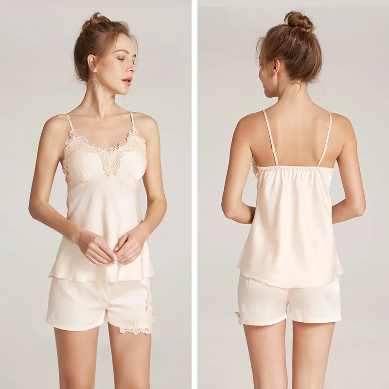 

Pink Lace Trim Pajamas Set Women Satin 5PCS Sleepwear Spring Summer Loungewear Femme Pijamas Suit Elastic Waist Home Clothes