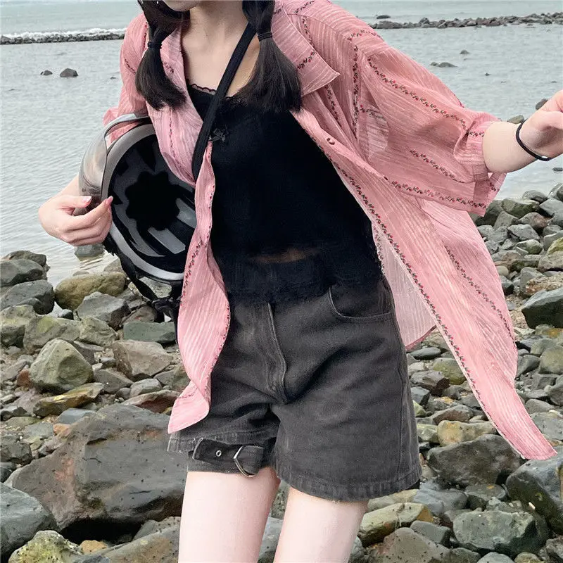 

Pink Color Thin Shirt Short Sleeve Button Up Blouse for Women Ladies Korean Style Clothes Cardigan Beach Hawaiian Clothing