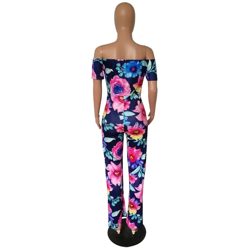 

Floral Backless Sexy Jumpsuit Women Slash Neck Lace Up Party Club Overall 2021 Summer Causal Short Sleeve Plus Size Bodysuits