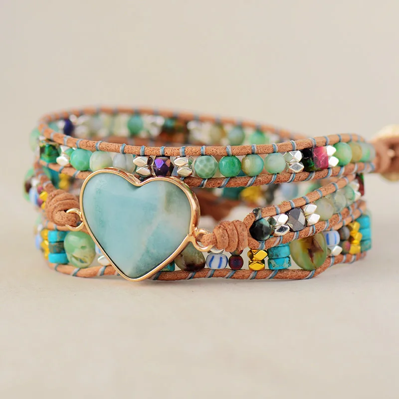 

amazonite leather bracelet with stone beads, bohemian jewelry