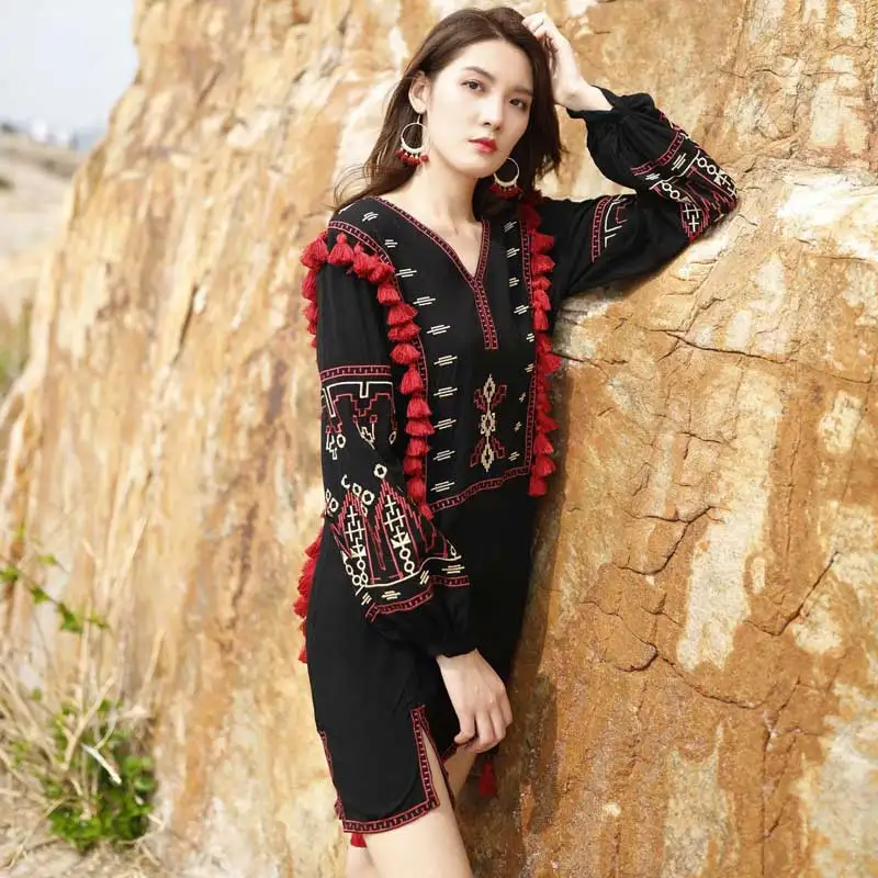 Boho Inspird женская блузка рубашка Ретро Народная украинская вышивка блузки в богемном стиле бахрома с кисточками Топ с длинным рукавом льняные блузы