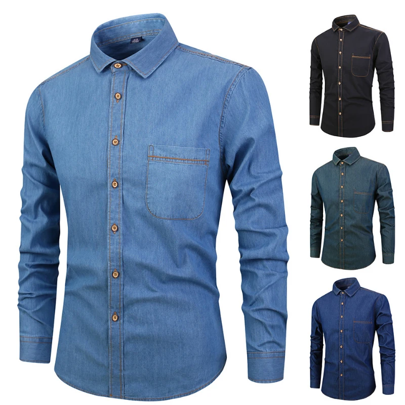 Мужская джинсовая рубашка с длинным рукавом повседневная классическая из