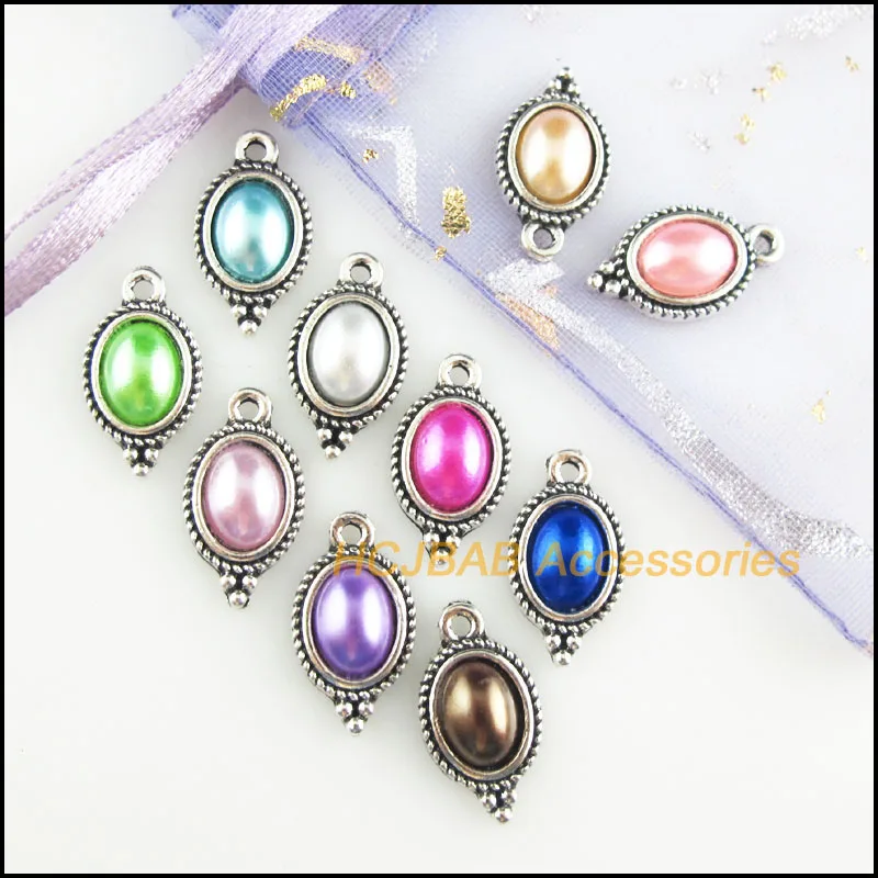 20Pcs Tibetan Silver Tone Retro Oval Flower Mixed Acrylic Charms Pendants 9x17mm | Украшения и аксессуары
