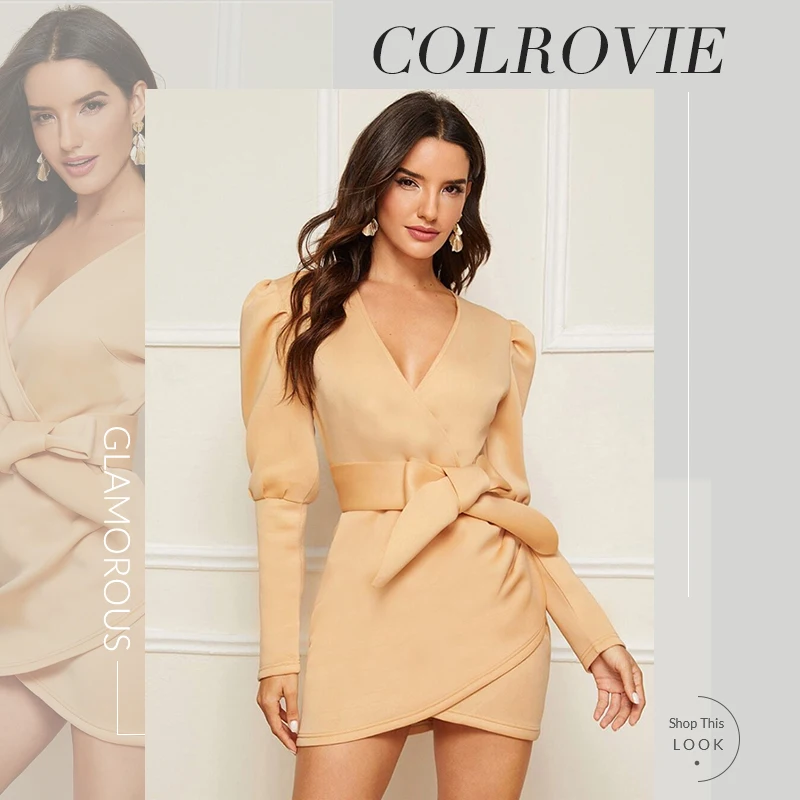 COLROVIE, бежевое платье с рукавами Gigot, с поясом, женское облегающее платье с v-образным вырезом, мини платье, осень, платья с длинным рукавом