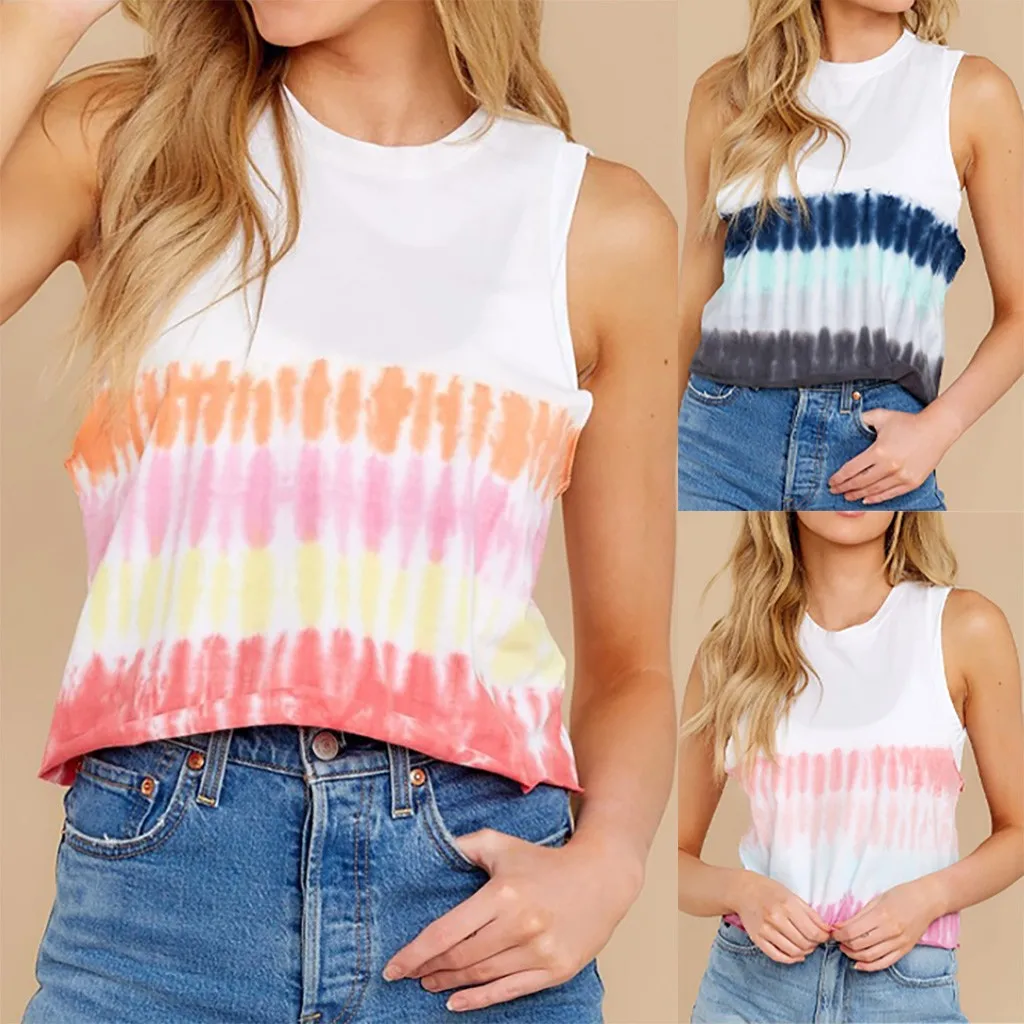 Женские летние топы 2020 майка без рукавов с круглым вырезом и цифровым градиентом
