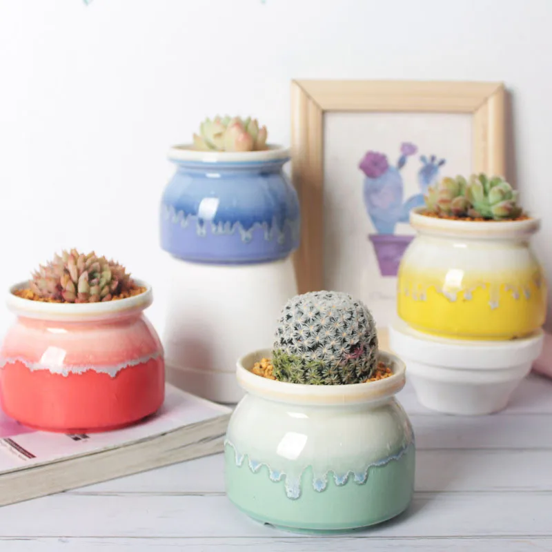 Colourful Mini Ceramic Succulent Plant Pot Flow Glaze Flower Pot For Home Room Office Handmade Bonsai Planter Garden Decor