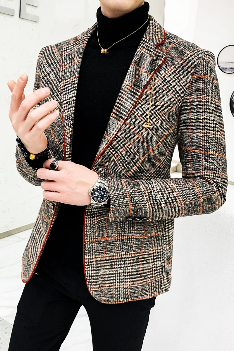 

Men Suit Jacket Casual Woolen Wedding Dress Coat Single Business Mens Button Veste Costume Homme British Style Plaid Blazer
