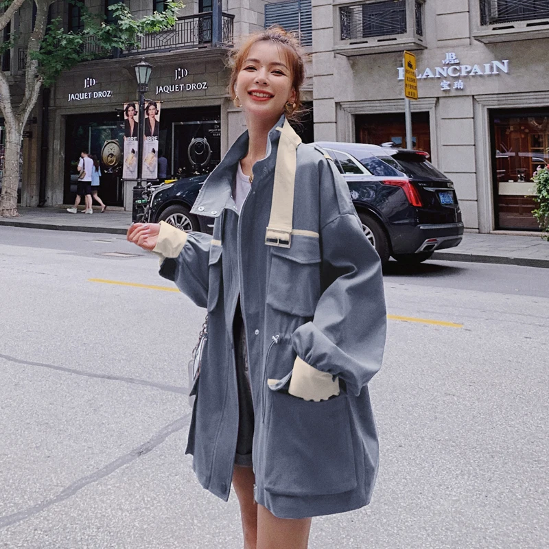 

Tooling Windbreaker Female Mid-length Zipper High Waist 2020 Women's Stand Collar Loose Autumn Casual Trench Coat Women Top E262