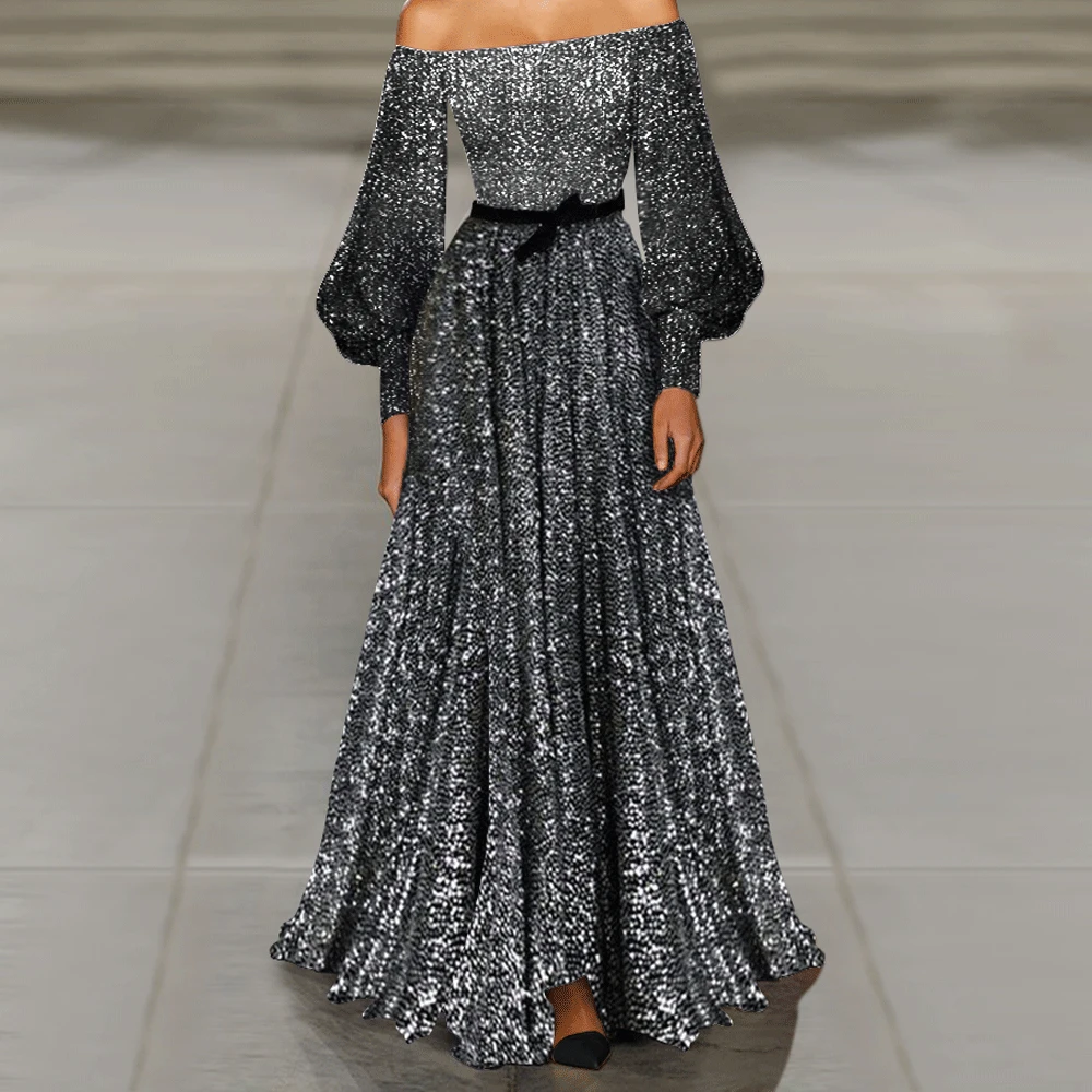 

Retro Maxi Loose Sequined Dress Sexy Off Shoulder Full Sleeve Elegant Night Party Club Dresses Sexy Hollow Out Long Dress