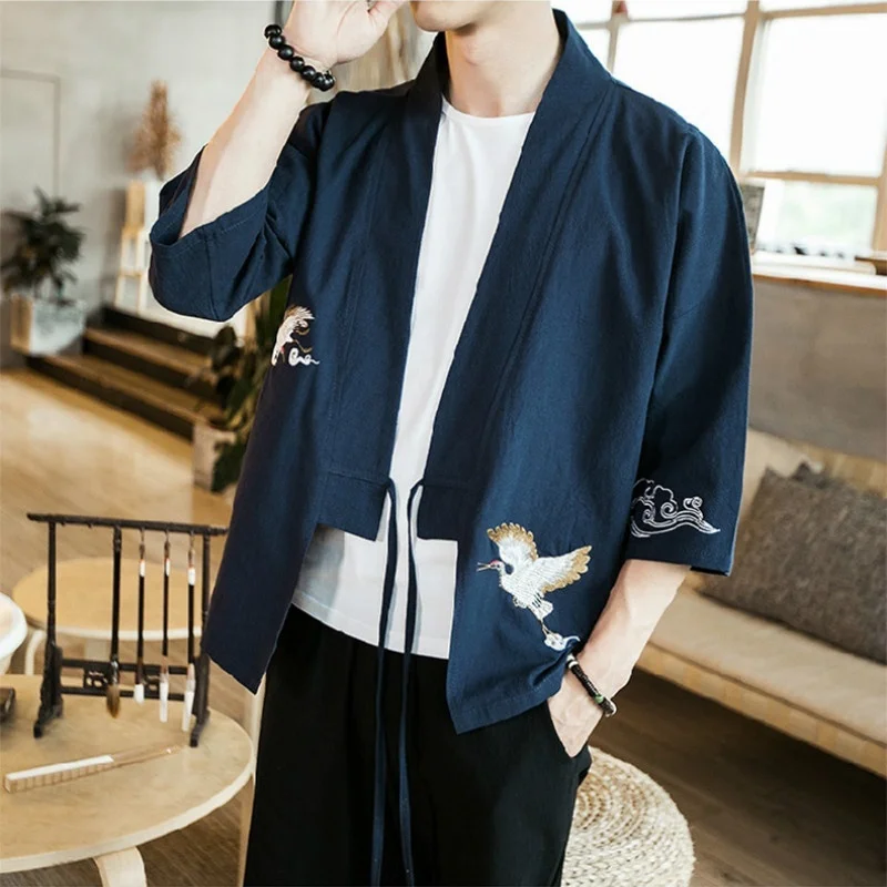 Японское мужское кимоно с вышивкой куртка этническая верхняя одежда винтажный