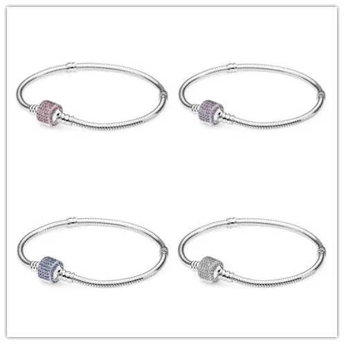 

Hot 925 Sterling Silver Bracelet Signature Clasp Crystal Snake Chain Bangle Fit Women Bead Charm DIY Fashion Jewelry