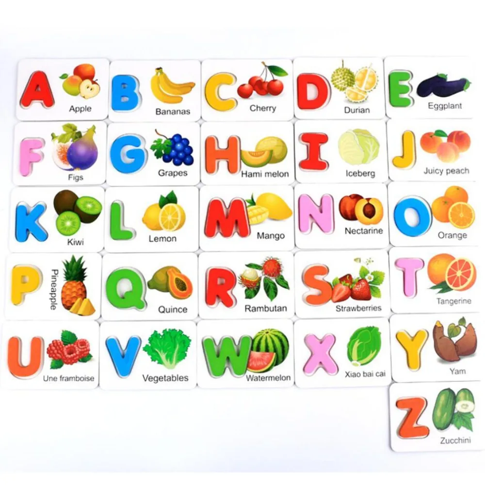 

Wooden Letter Fruits Vegetables Cognitive Card English Letter Identification Card Children Early Learning & Education Puzzle Toy