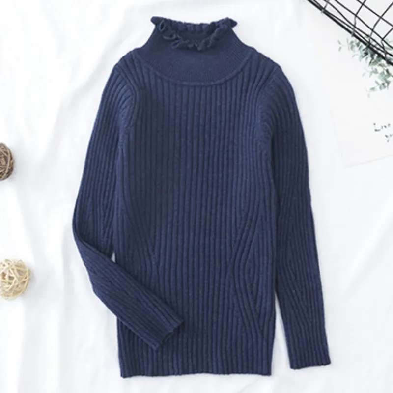 Beige Toddler Girl Fitted Rib Knit Ruffled Collar Sweater Children Kids Girl Ribbed Sweater Winter Girls Tops - Color: Beige